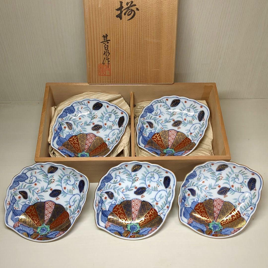 賞美堂　其泉窯　鮑型　金彩色絵菊花唐草紋　和皿揃　小皿揃　銘々皿５枚