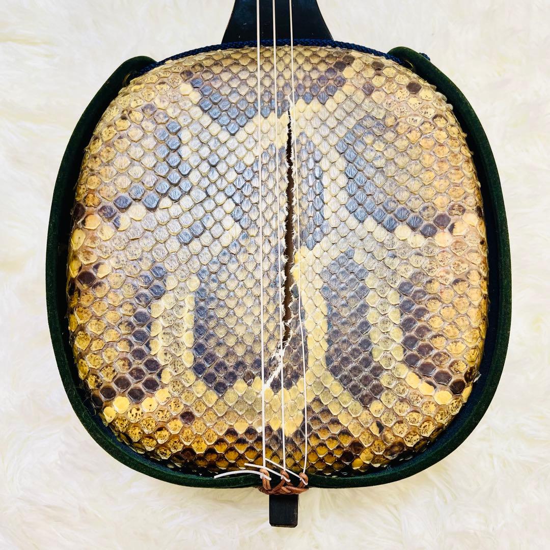 現状品　沖縄三線　蛇皮　ヘビ皮　ケース付き　爪　三味線