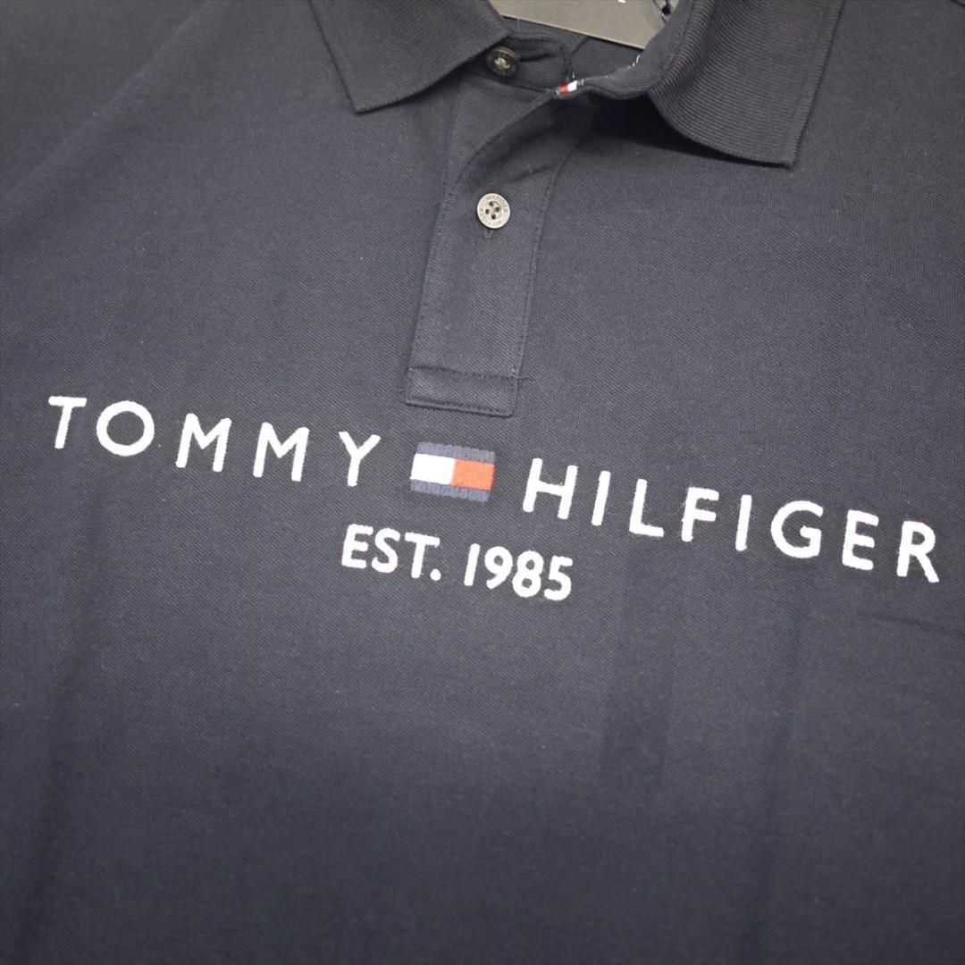 トミーヒルフィガー XL 刺繍ロゴ ストレッチ ポロシャツ 紺 ゴルフにも