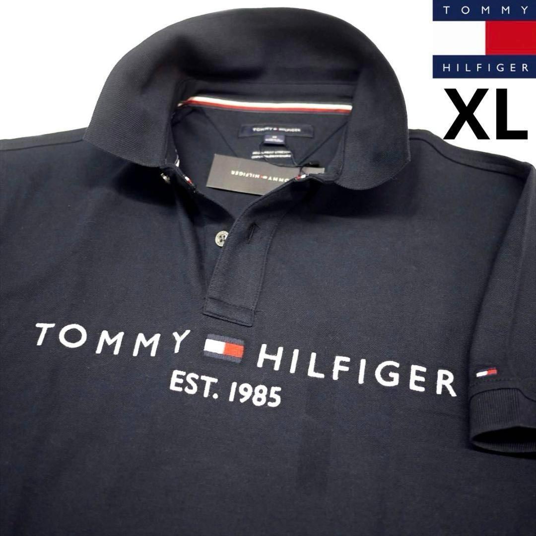 トミーヒルフィガー XL 刺繍ロゴ ストレッチ ポロシャツ 紺 ゴルフにも