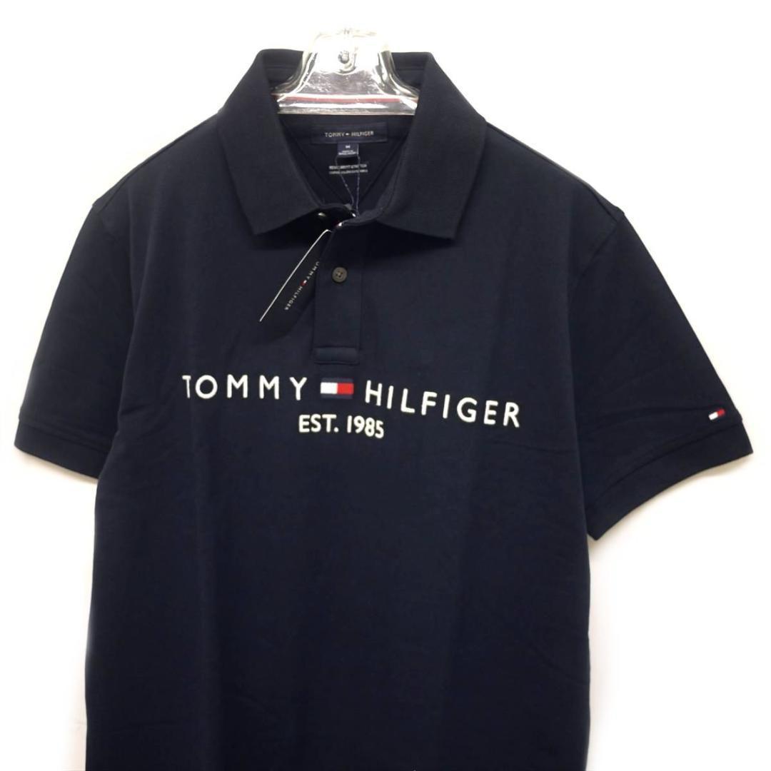 トミーヒルフィガー XL 刺繍ロゴ ストレッチ ポロシャツ 紺 ゴルフにも