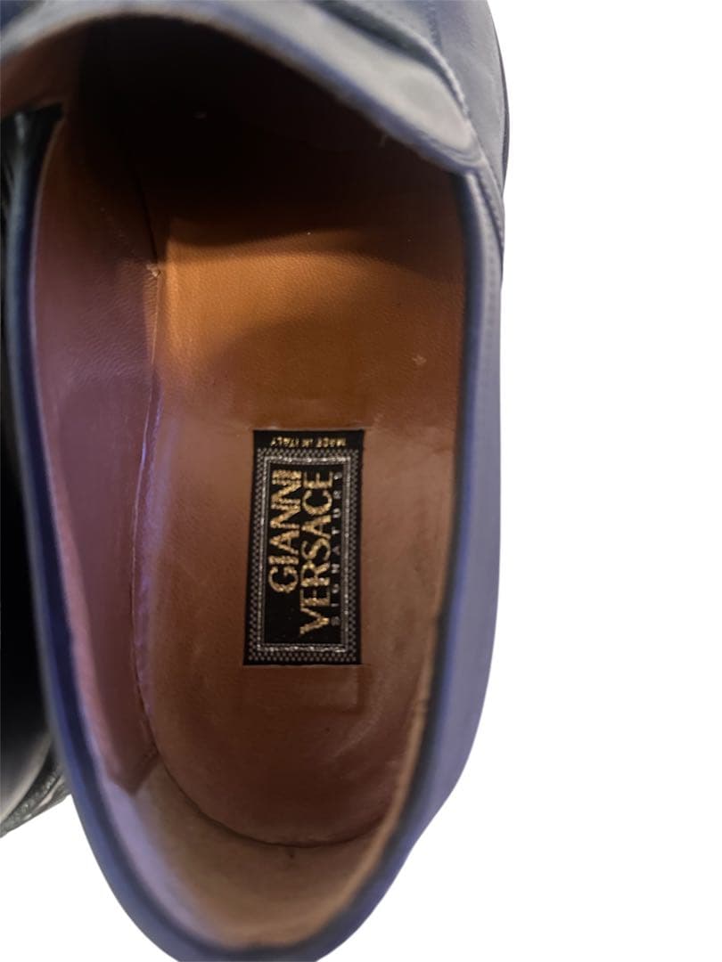 すの様希少GIANNI VERSACE ネイビー ローファー スクエアトゥ 牛革