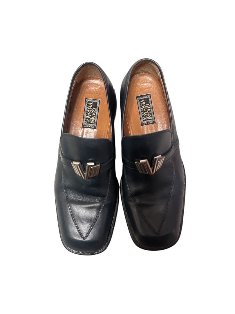 すの様希少GIANNI VERSACE ネイビー ローファー スクエアトゥ 牛革