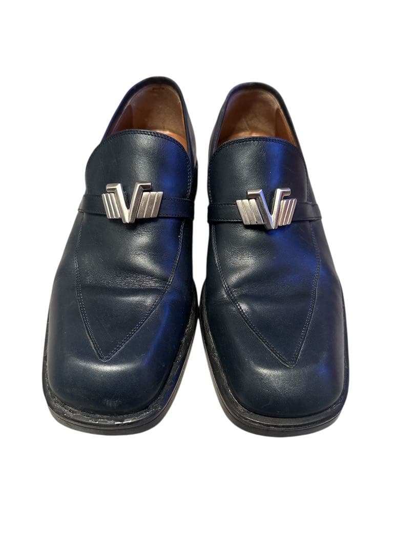 すの様希少GIANNI VERSACE ネイビー ローファー スクエアトゥ 牛革
