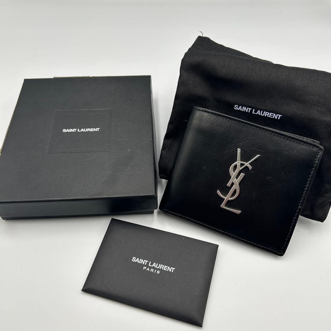 【Yves Saint Laurent】 レザー 二つ折り財布 カードケース 黒