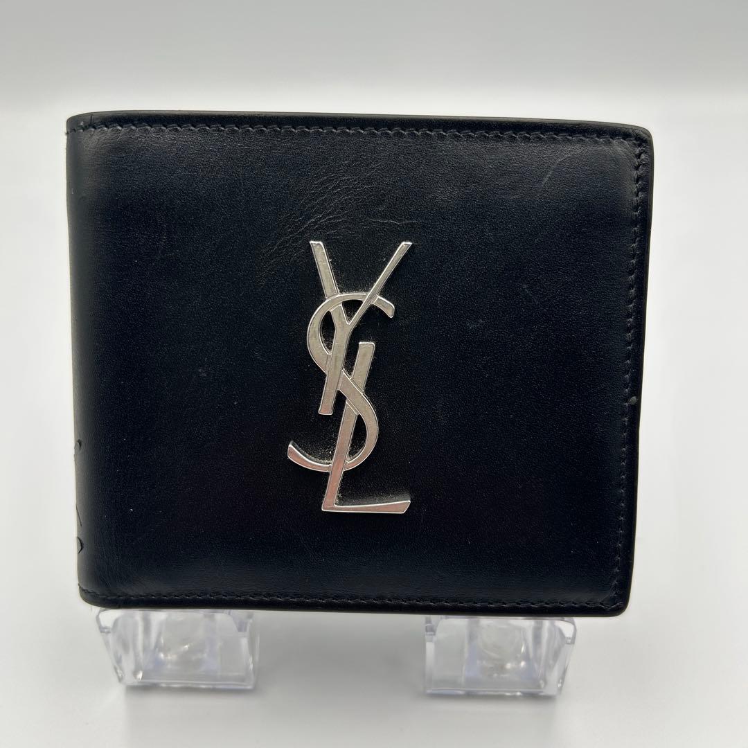 【Yves Saint Laurent】 レザー 二つ折り財布 カードケース 黒