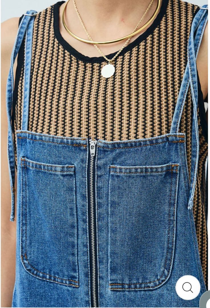 フロントジップストラップデザインデニムサロペット