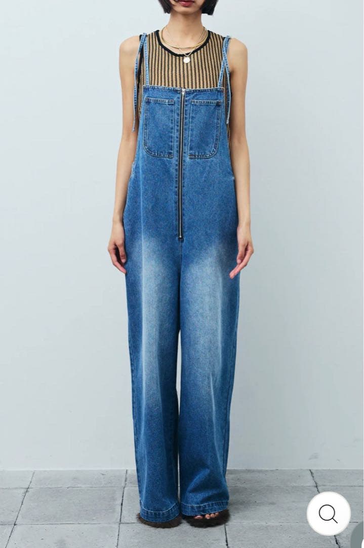 フロントジップストラップデザインデニムサロペット