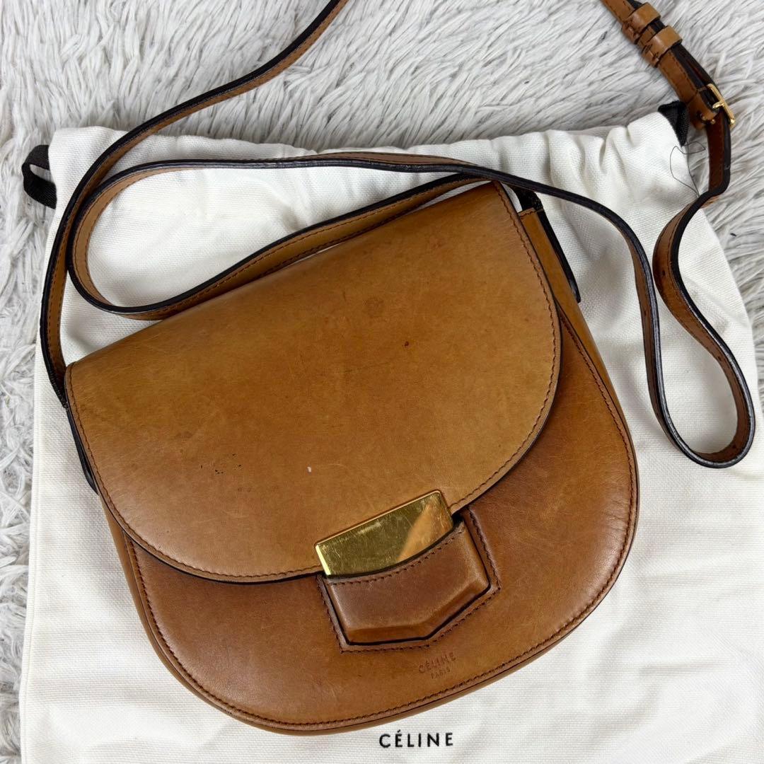 美品 CELINE レザー ショルダーバッグ マカダム柄 斜め掛け ブラウン 茶