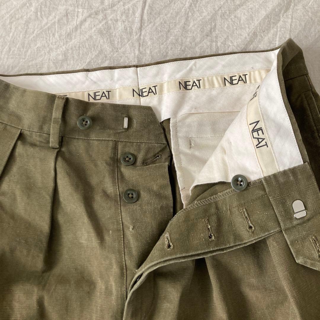 NEAT ミリタリーテント地 タック入り オリーブ グリーン チノパン