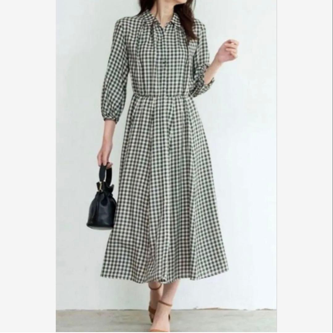 【ANAYI】アナイ　ギンガムチェック　ビスコースチェックフレアワンピース　春