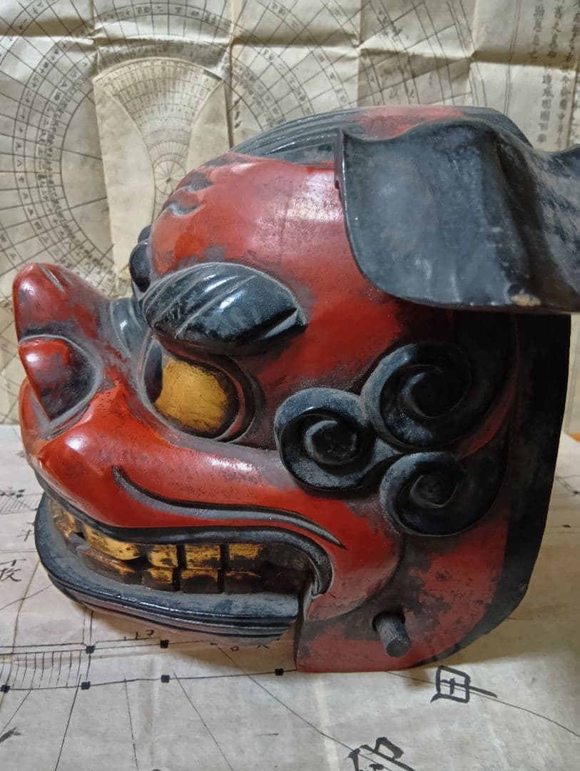 獅子頭 木彫り 獅子舞 置物 伝統芸能 祭り 魔除け 時代物 古美術