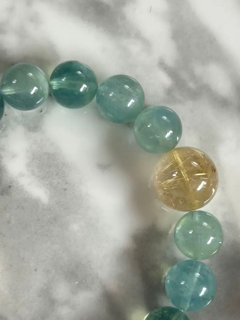 ゴールドルチルクォーツ貔貅ちゃんとアクアマリンのブレスレット