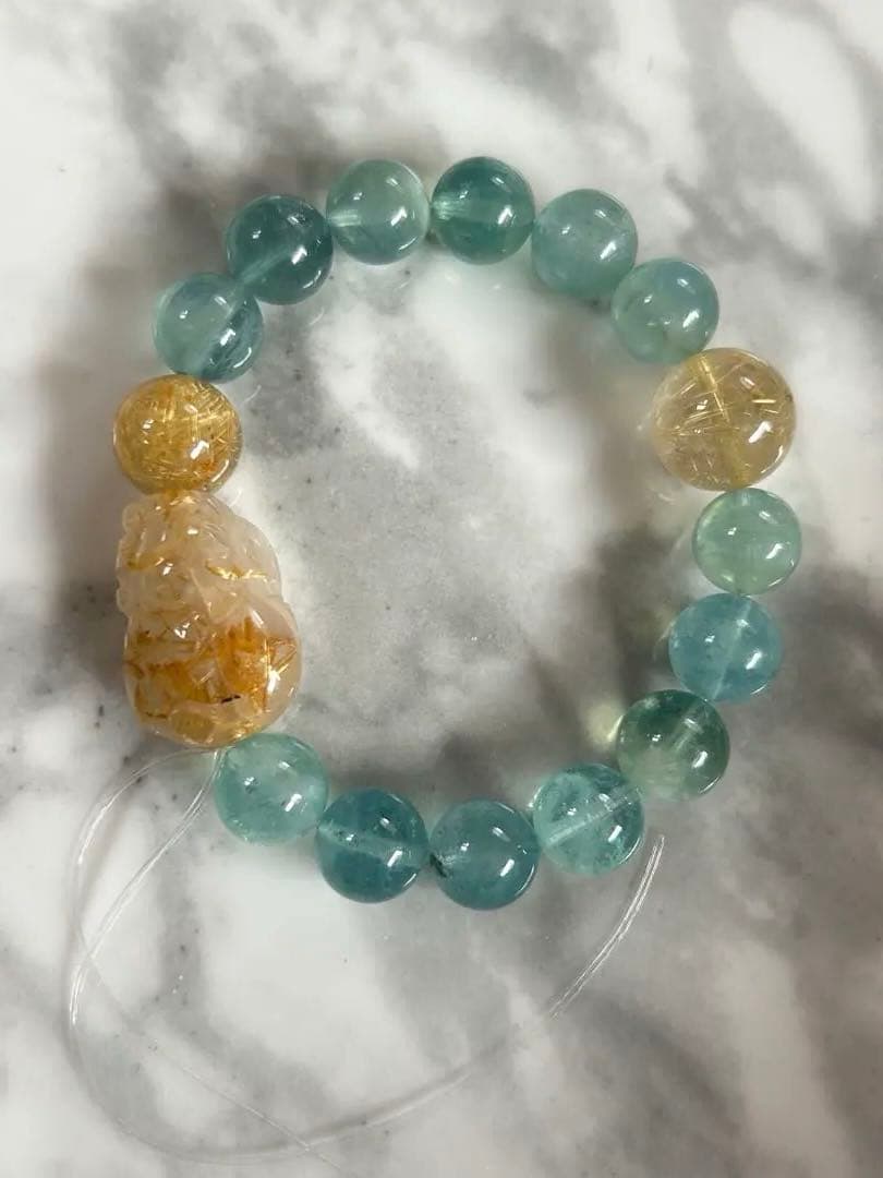 ゴールドルチルクォーツ貔貅ちゃんとアクアマリンのブレスレット