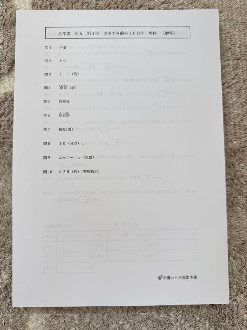 灘　東大寺最難関コース　理科　浜学園　おやすみ前の10分間第1～100回まで