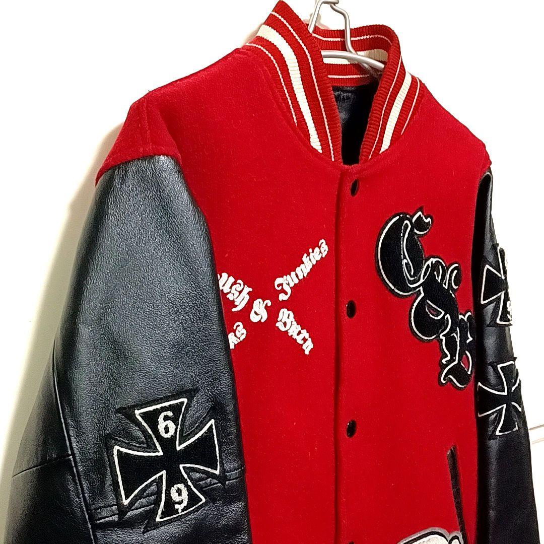 HOUSTON　メルトン×レザー　刺繍　ワッペン　スタジャン　レッド×ブラック