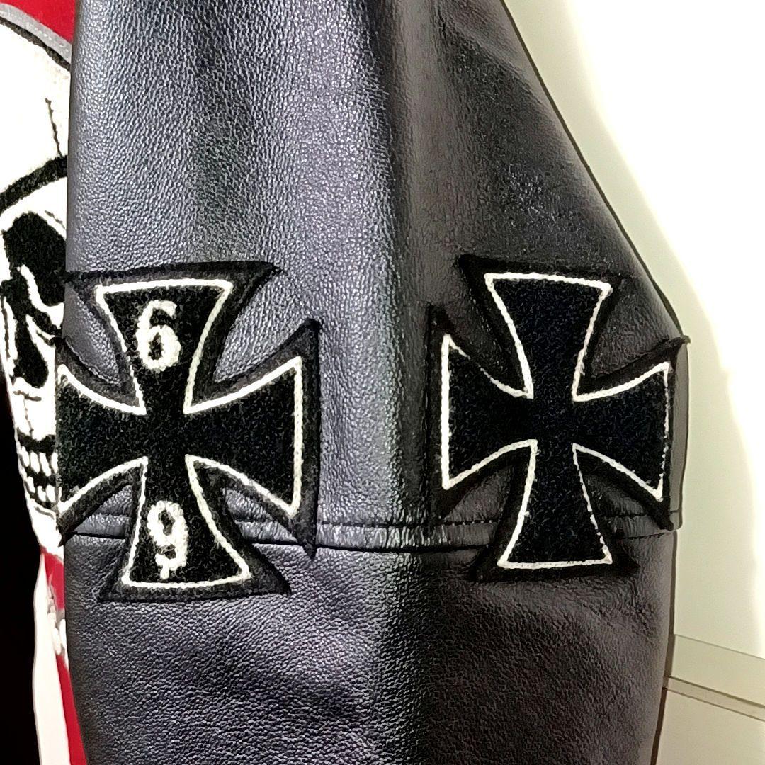 HOUSTON　メルトン×レザー　刺繍　ワッペン　スタジャン　レッド×ブラック