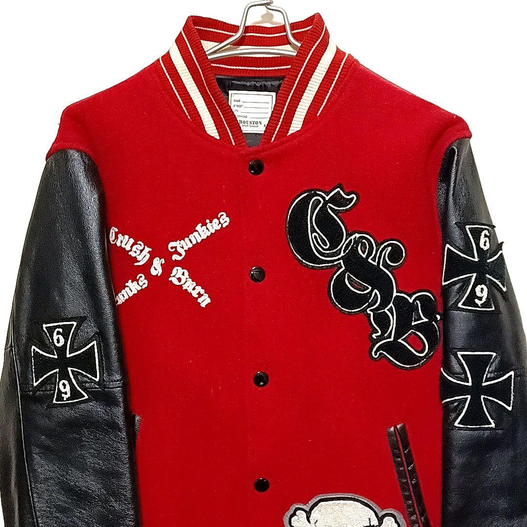 HOUSTON　メルトン×レザー　刺繍　ワッペン　スタジャン　レッド×ブラック