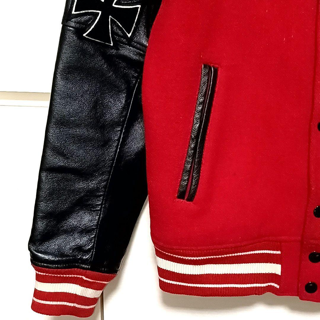 HOUSTON　メルトン×レザー　刺繍　ワッペン　スタジャン　レッド×ブラック