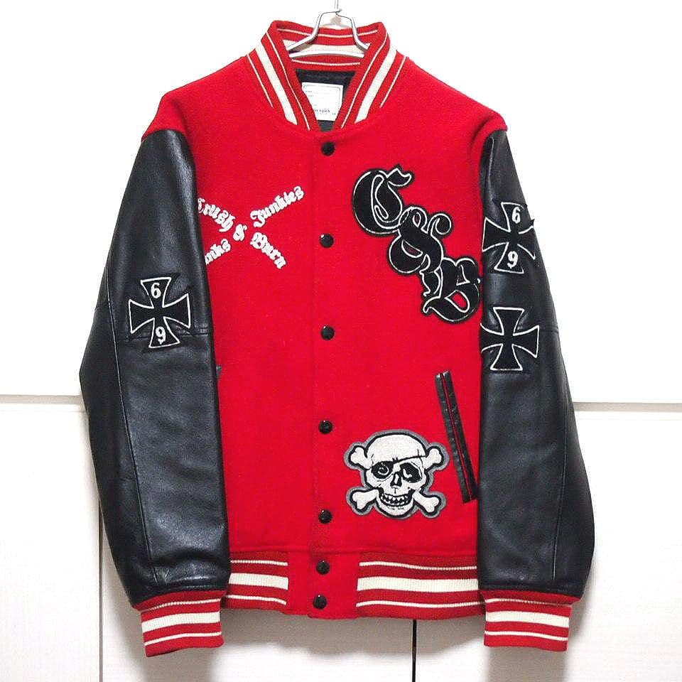 HOUSTON　メルトン×レザー　刺繍　ワッペン　スタジャン　レッド×ブラック