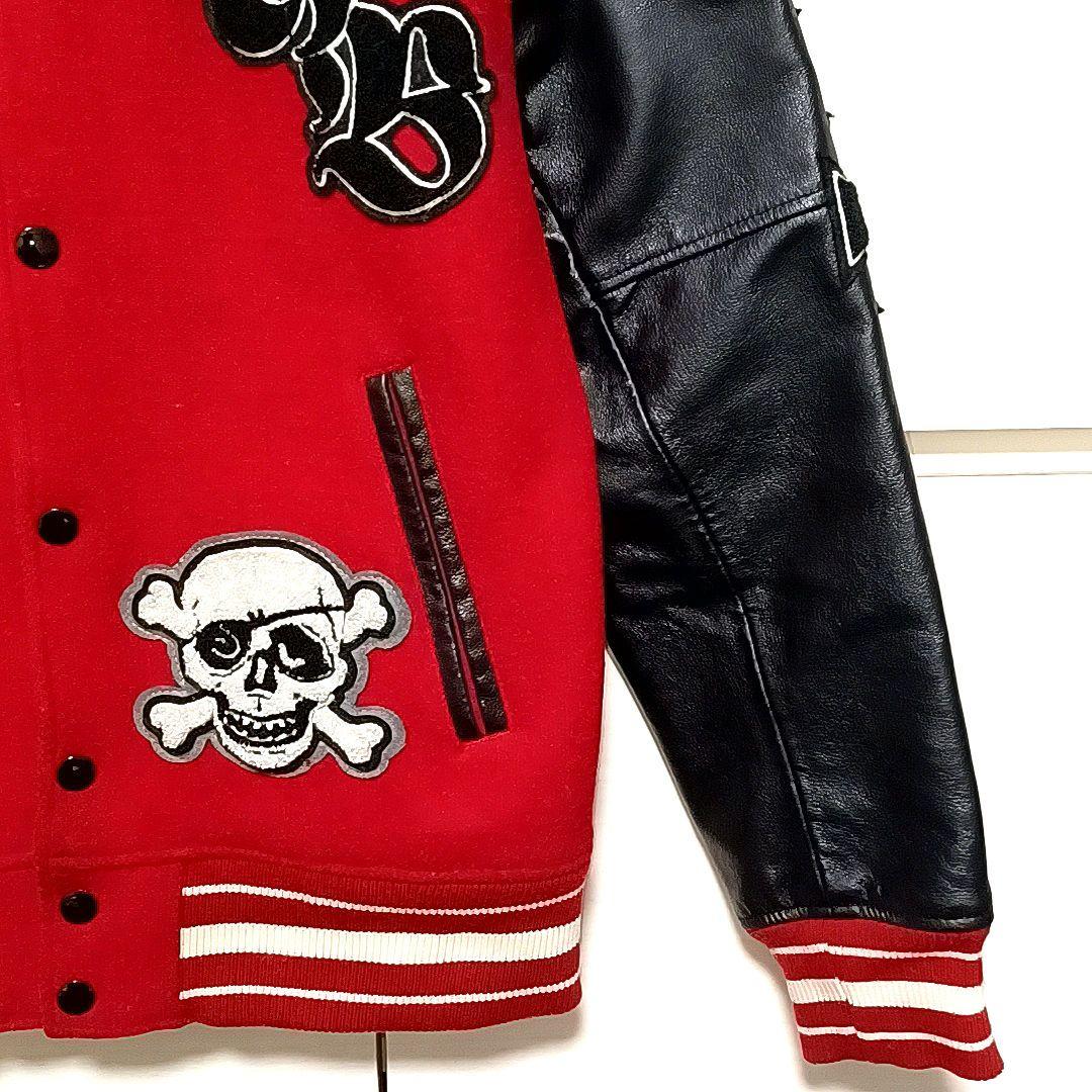 HOUSTON　メルトン×レザー　刺繍　ワッペン　スタジャン　レッド×ブラック