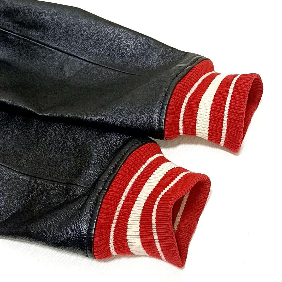 HOUSTON　メルトン×レザー　刺繍　ワッペン　スタジャン　レッド×ブラック