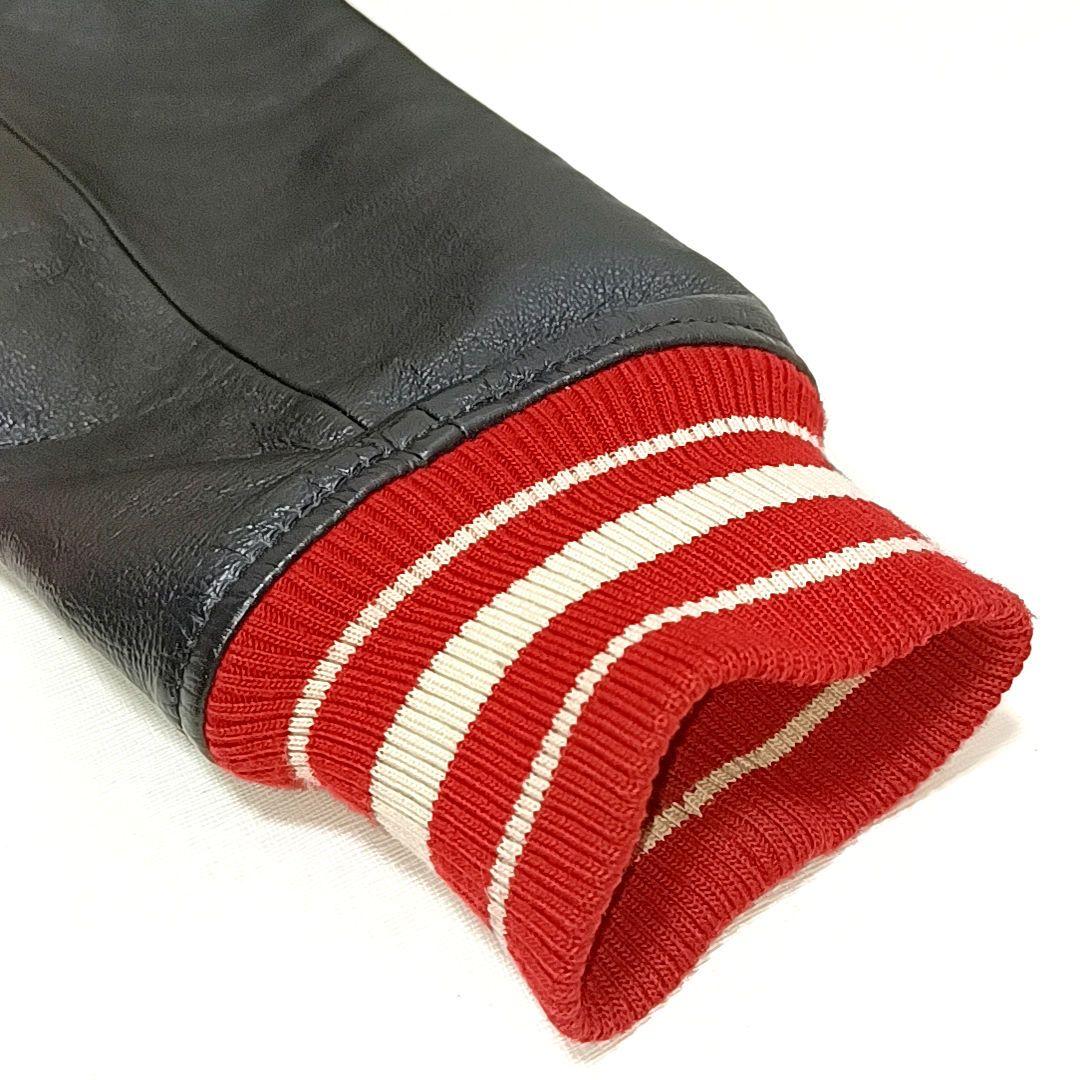 HOUSTON　メルトン×レザー　刺繍　ワッペン　スタジャン　レッド×ブラック