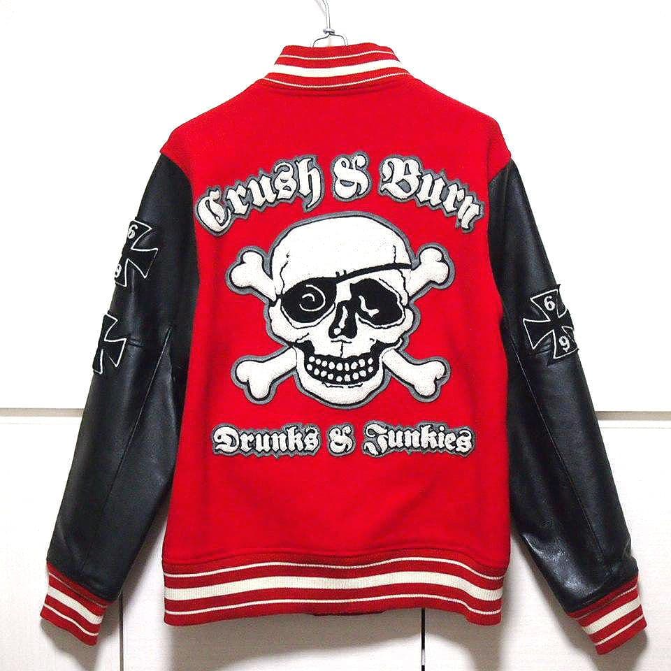 HOUSTON　メルトン×レザー　刺繍　ワッペン　スタジャン　レッド×ブラック