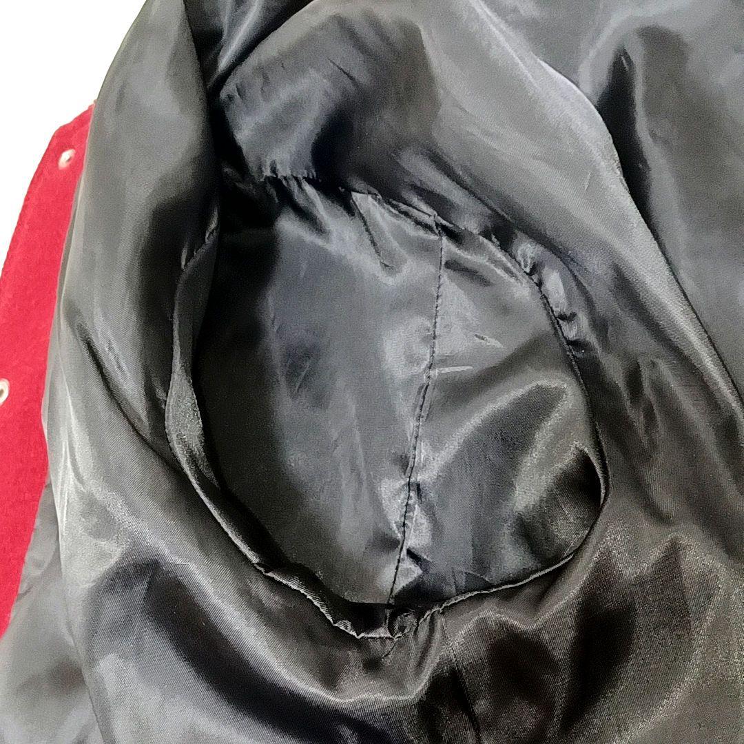 HOUSTON　メルトン×レザー　刺繍　ワッペン　スタジャン　レッド×ブラック