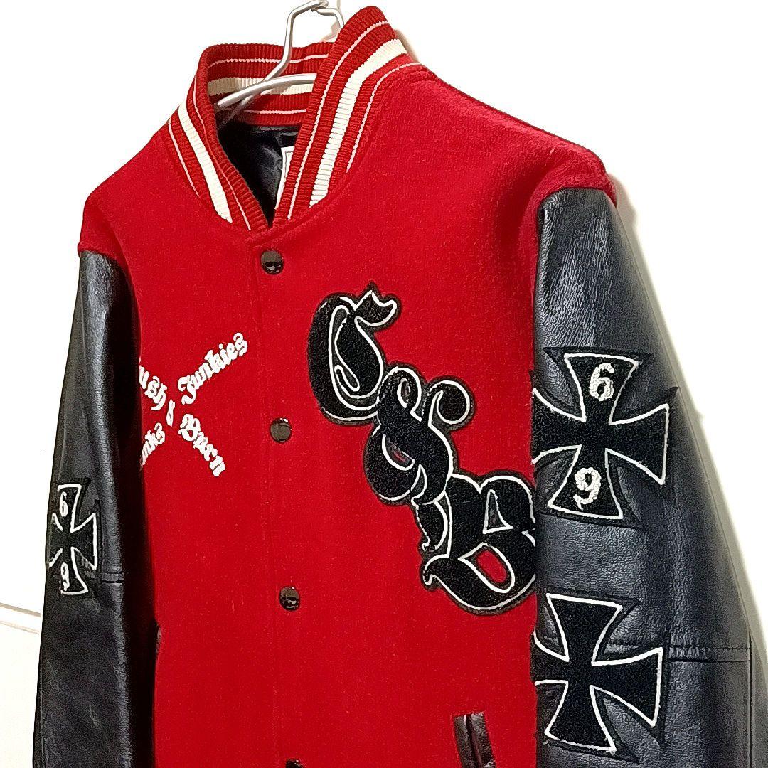 HOUSTON　メルトン×レザー　刺繍　ワッペン　スタジャン　レッド×ブラック