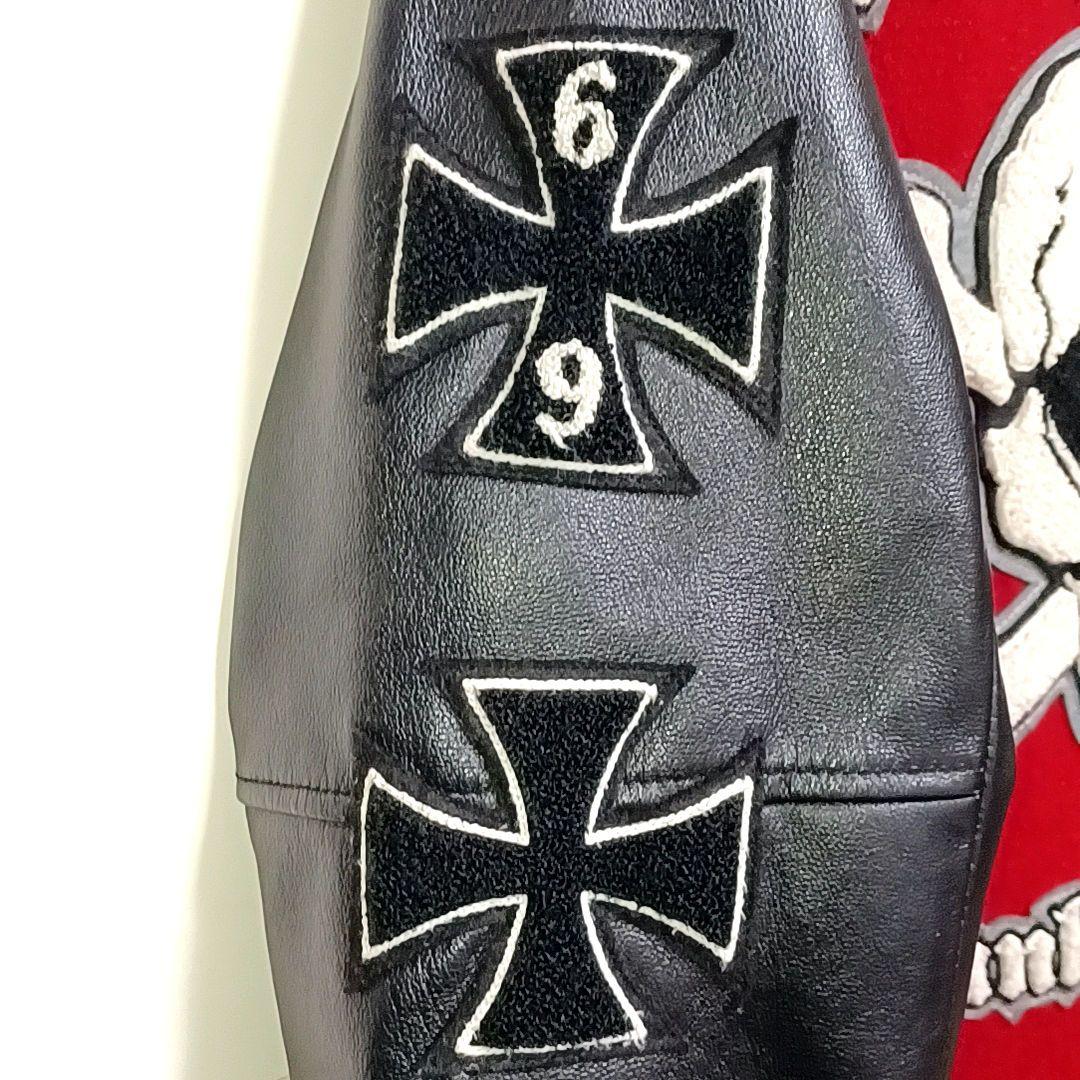 HOUSTON　メルトン×レザー　刺繍　ワッペン　スタジャン　レッド×ブラック