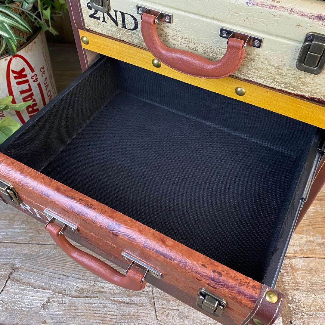 アンティークビンテージ調レザートランクチェスト四段洋タンス収納木製飾り棚レール付