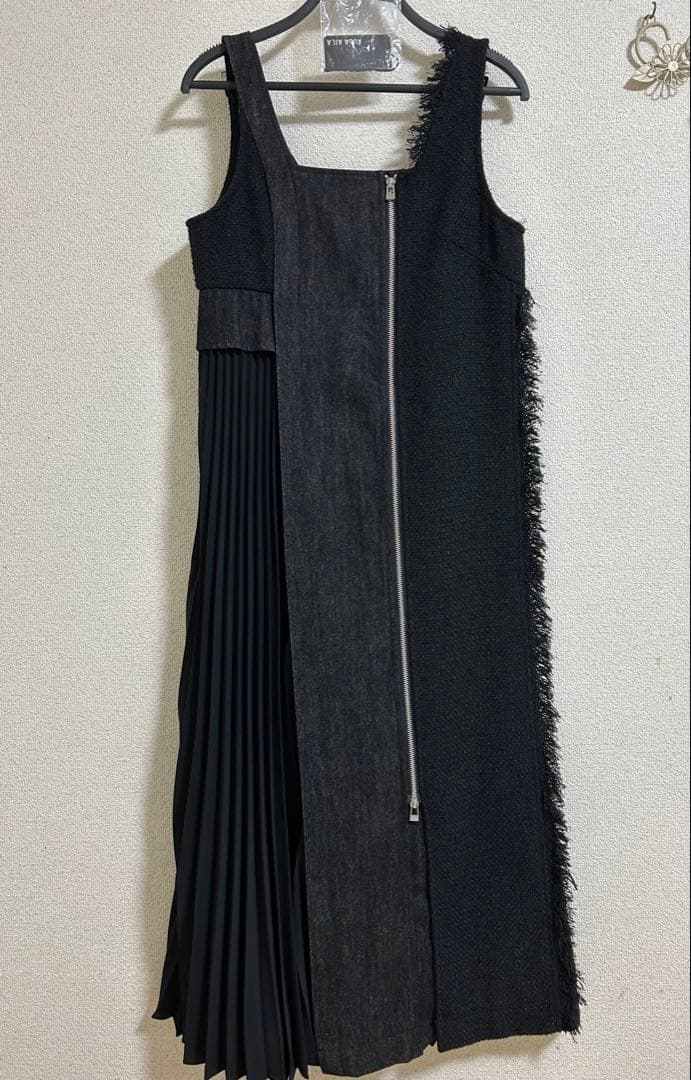 アウラアイラ　2wayマキシ丈ワンピース　黒　異素材　ツイード
