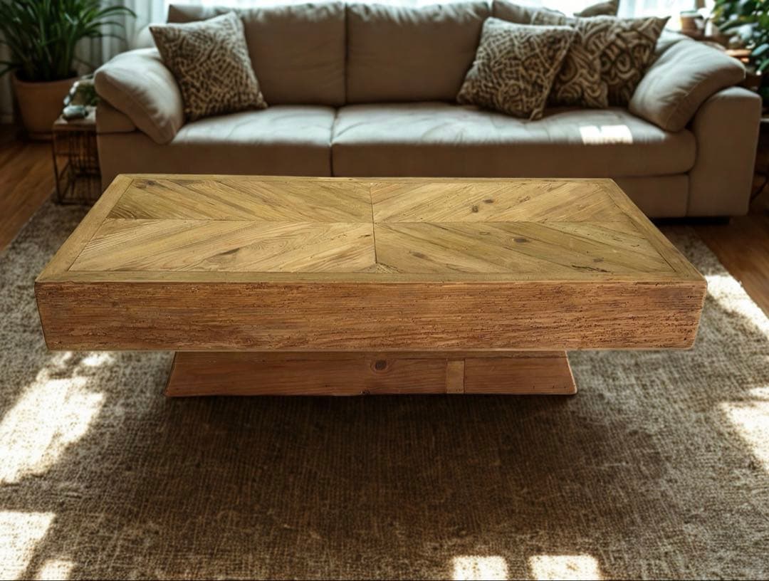 【最終値下げ】【未使用】幅125㎝　天然木　ヘリンボーン　リビングテーブル