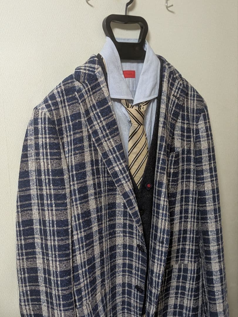 ★タリアトーレ モンテカルロ テーラードジャケット 50 麻 ネイビー チェック