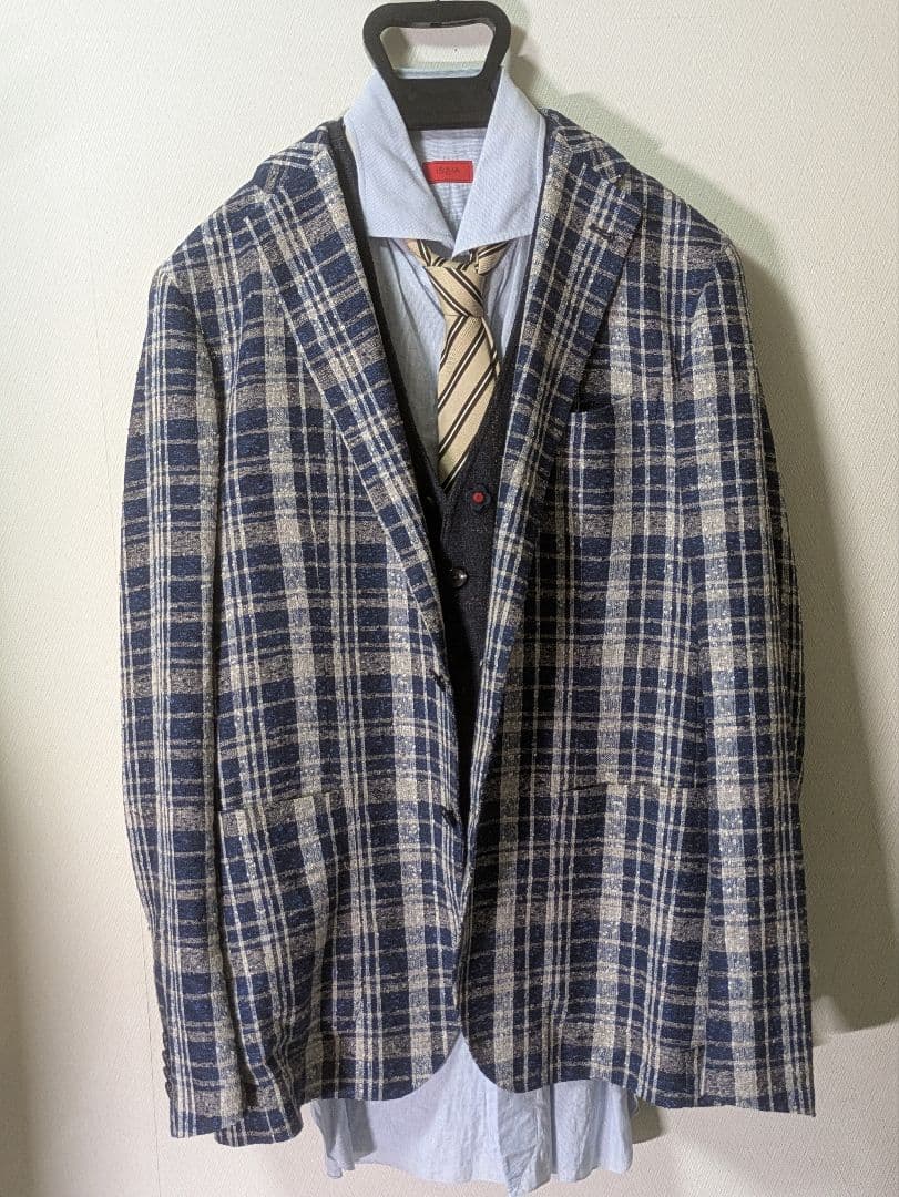 ★タリアトーレ モンテカルロ テーラードジャケット 50 麻 ネイビー チェック