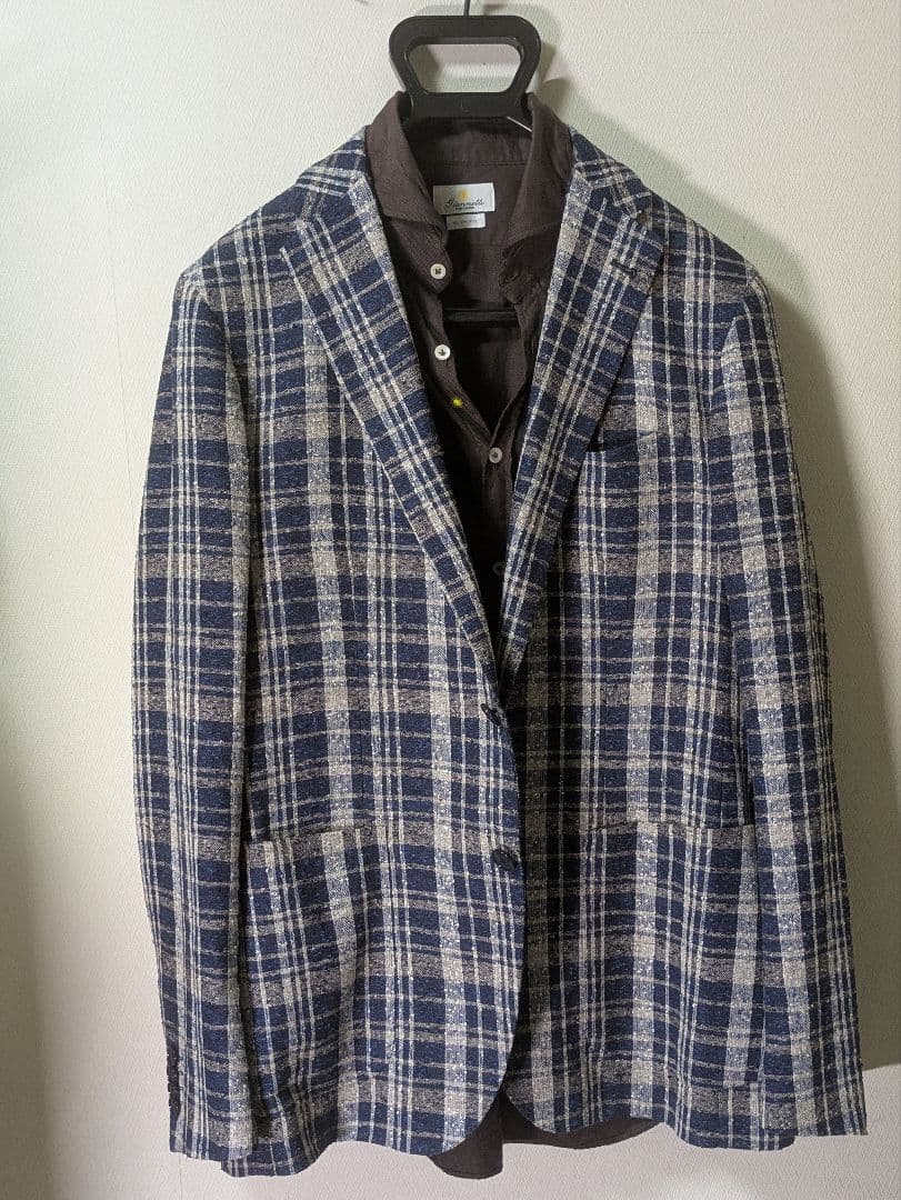 ★タリアトーレ モンテカルロ テーラードジャケット 50 麻 ネイビー チェック