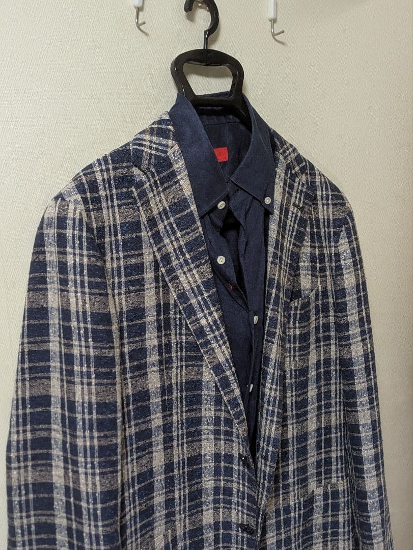 ★タリアトーレ モンテカルロ テーラードジャケット 50 麻 ネイビー チェック