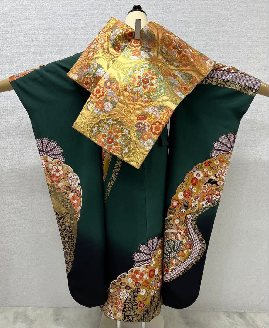 振り袖　フルセット　長襦袢付　金彩加工　振り柄有　成人式　美品　699