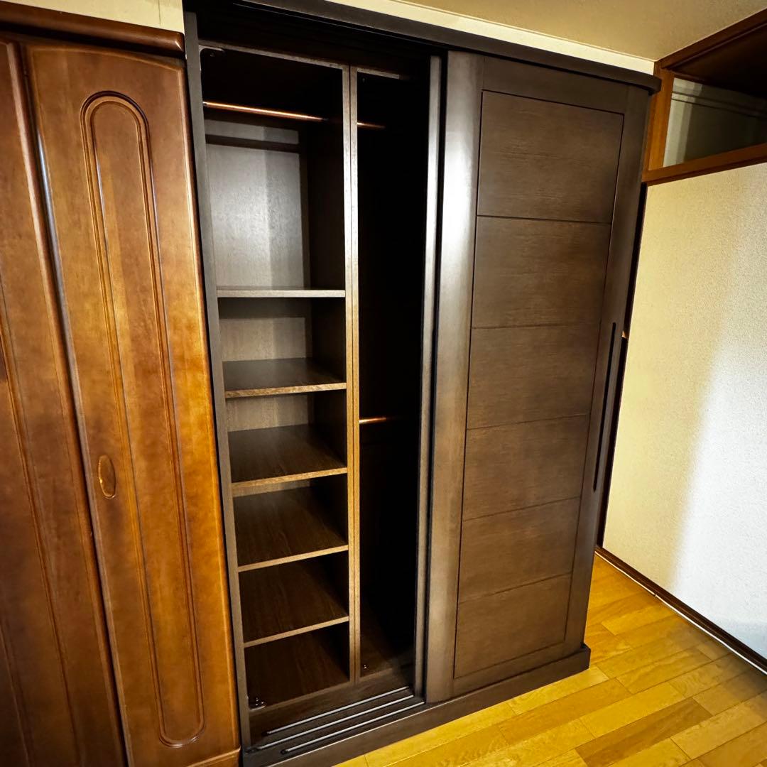 【美品】大川家具 古賀清木工 木製 クローゼット ワードローブ 姿見ミラー付き