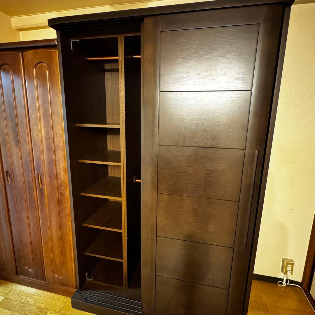 【美品】大川家具 古賀清木工 木製 クローゼット ワードローブ 姿見ミラー付き