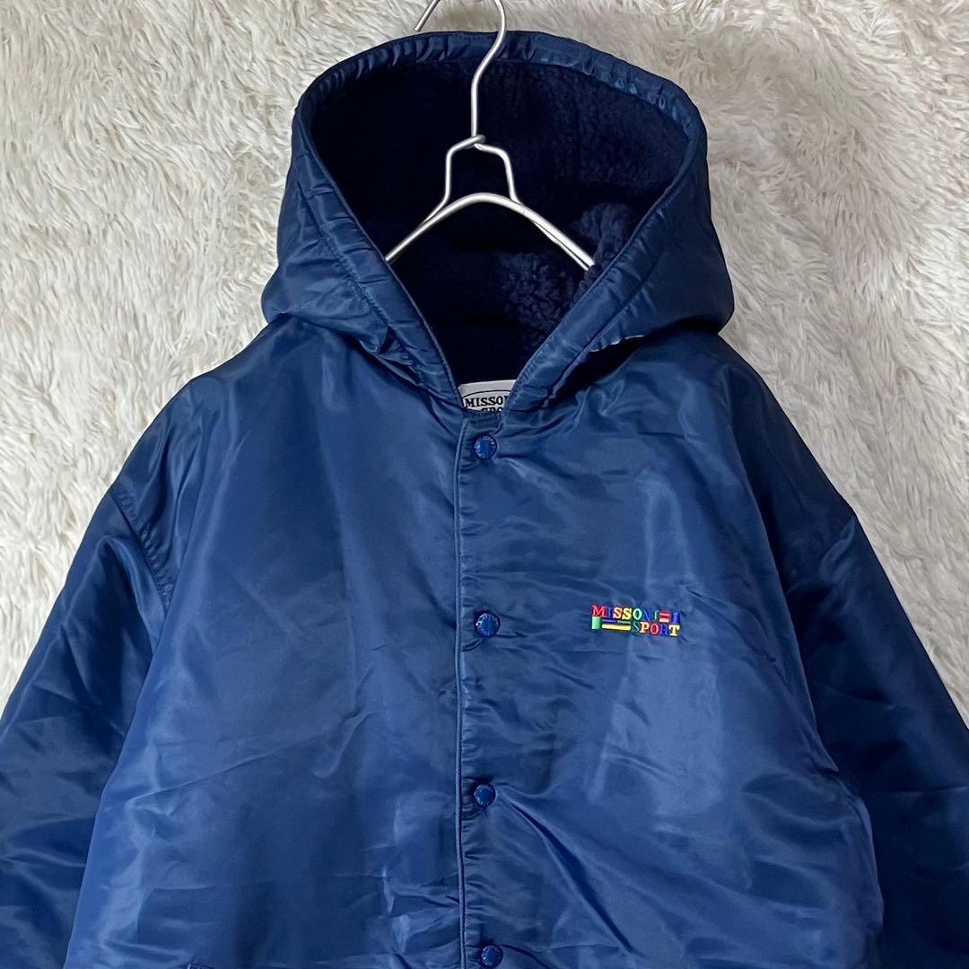 美品 ミッソーニスポーツ ベンチコート ロゴ刺繍 ボア裏地 ネイビー 紺 M