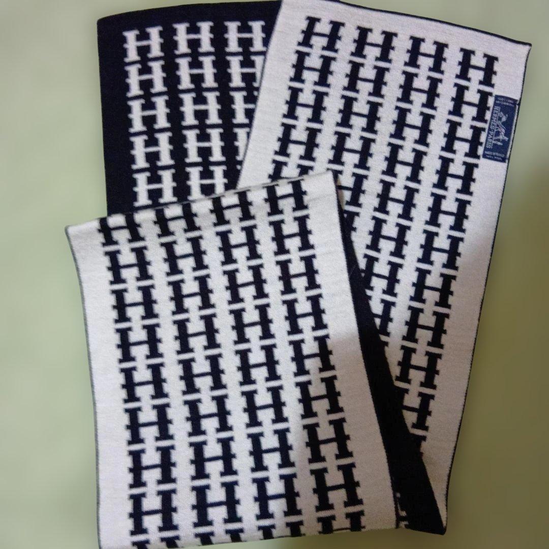 エルメス 未使用 リバーシブル　ウール マフラー 廃盤 白黒 Hロゴ柄