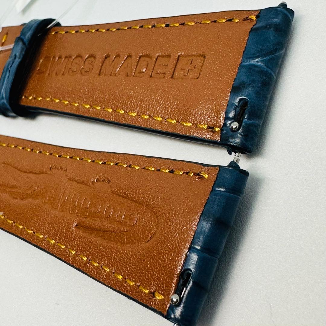 4213#22mm-18mmダークブルー★本物クロコダイルベルト★スイス製