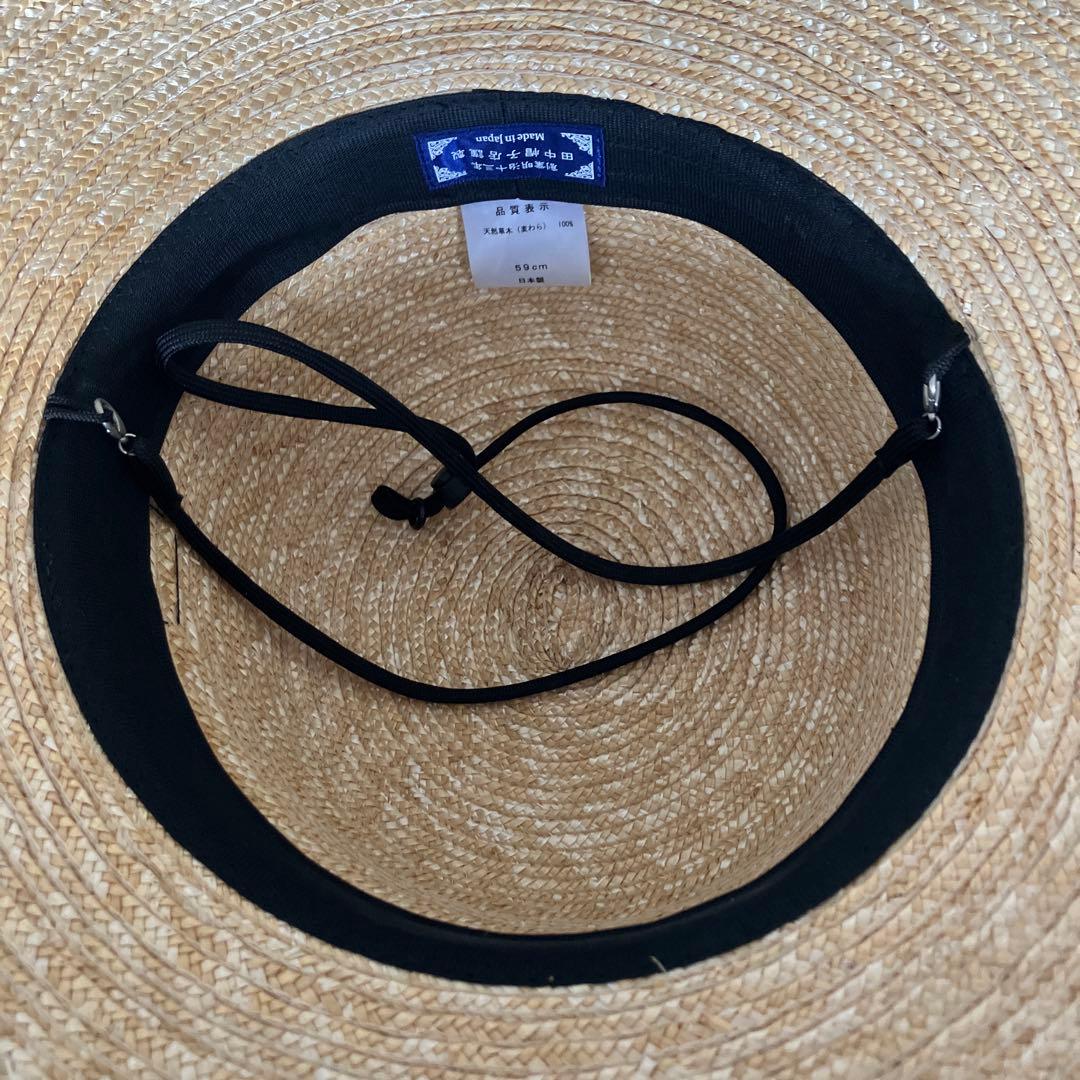 田中帽子店　ベージュ ストロー広つばハット 黒リボン付き　調整可能59cm