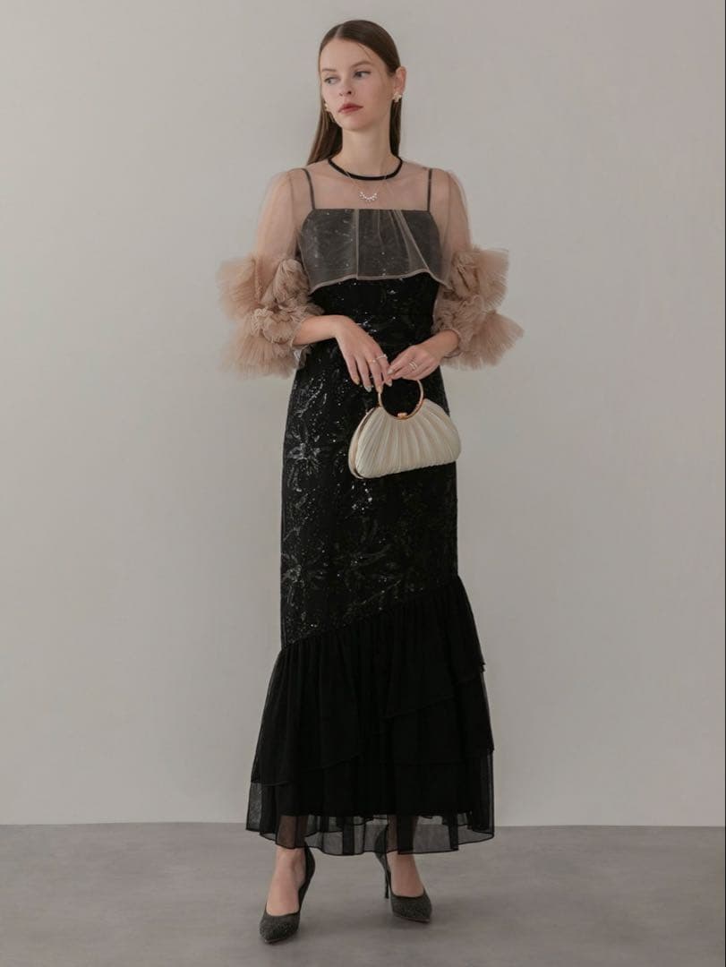 フラワースパンコールチュールフリルスリーブIラインワンピースドレス結婚式二次会