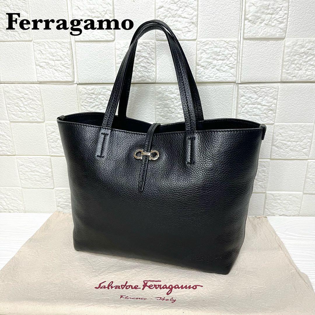 ✨極美品✨☘️フェラガモ☘️✨トートバッグ✨ダブルガンチーニ✨シボ革✨ブラック✨