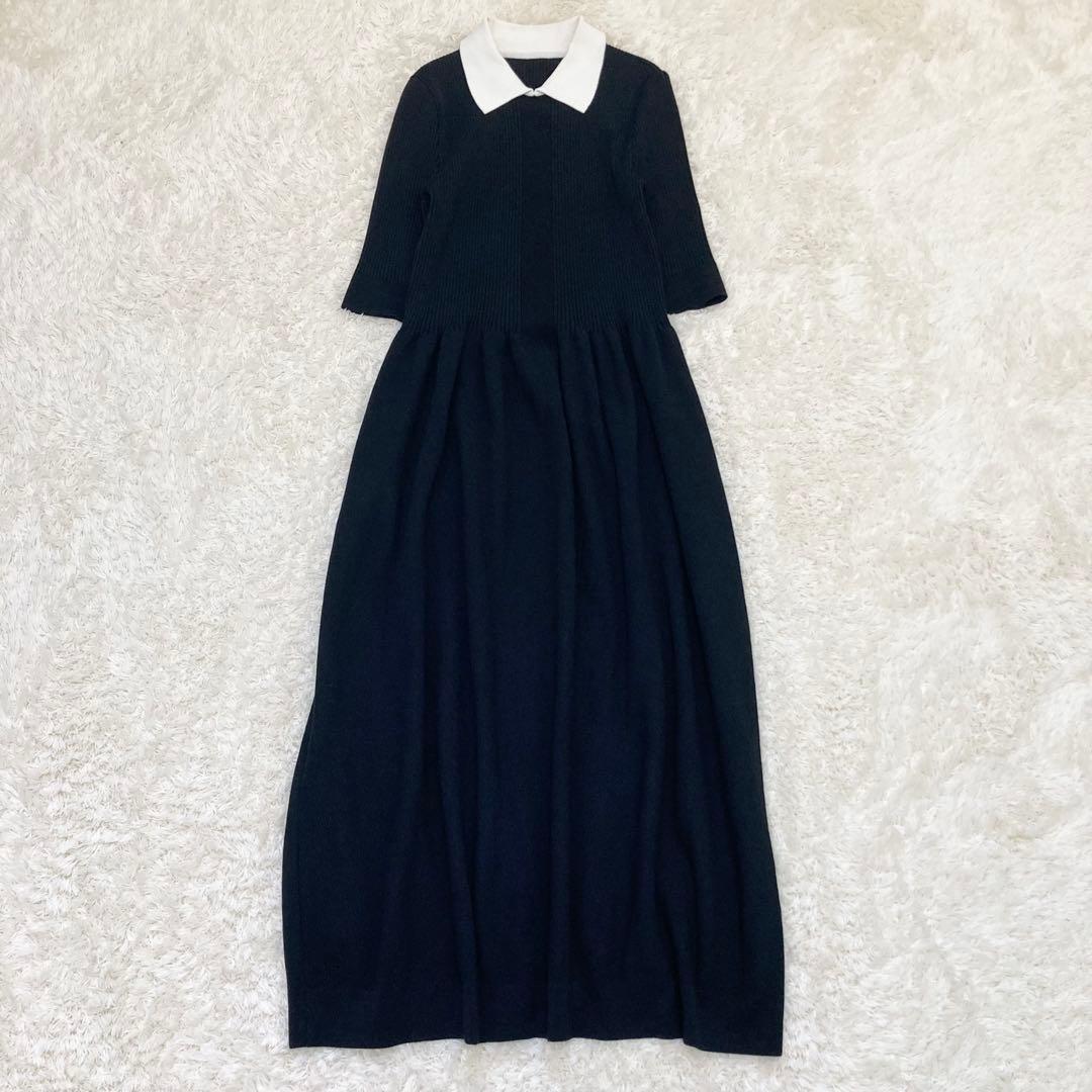 4.1万 24SS エストネーション 襟付きニットワンピース 極美品 黒