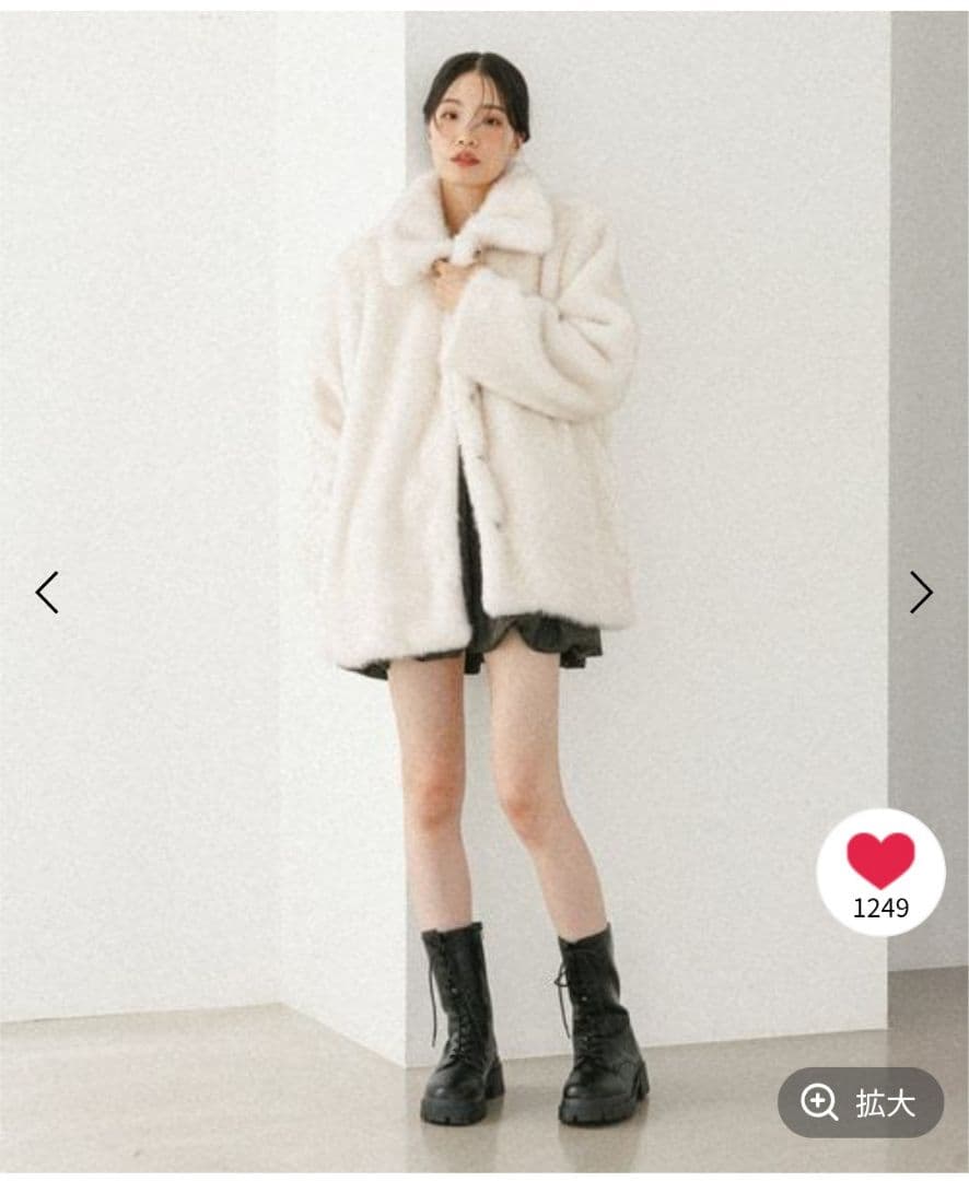 Heather　MIXファージャケット（オフホワイト、ミドル丈）