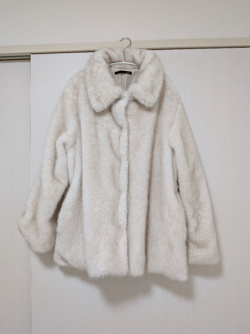 Heather　MIXファージャケット（オフホワイト、ミドル丈）